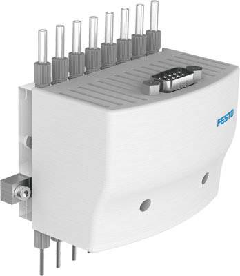 Un dispositif de commande pneumatique avec plusieurs raccords sur le dessus. Marquage 'Festo' sur le côté droit.