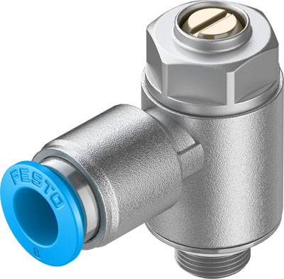 Un raccord coudé fileté avec un anneau en plastique bleu, marqué 'FESTO'. Principalement utilisé dans les systèmes pneumatiques.