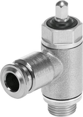 Vanne métallique en argent avec raccordement latéral et vis réglable en haut, utilisée pour réguler le flux de liquides ou de gaz.