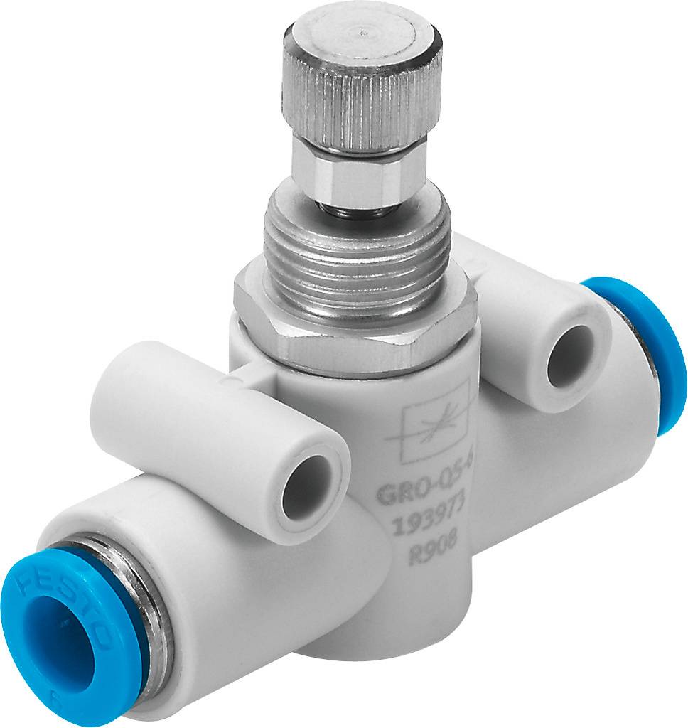 Une vanne en plastique à trois connexions, deux d'entre elles en blanc avec des extrémités bleues, et un bouton de réglage rotatif en haut.