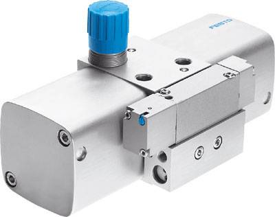 Vanne pneumatique avec bouton de commande bleu, boîtier métallique robuste et plusieurs points de fixation, conçue pour des applications industrielles.