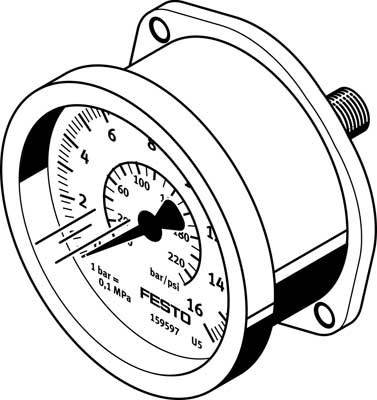 Dessin d'un manomètre ; affiche une échelle en bars et en psi, plage de 0 à 16 bars. Utilisable pour mesurer la pression dans des systèmes mécaniques.