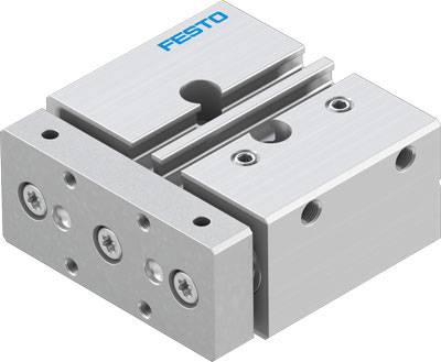 Unité de guidage pneumatique de Festo avec plusieurs trous de vis, destinée à la fixation stable de composants mobiles.