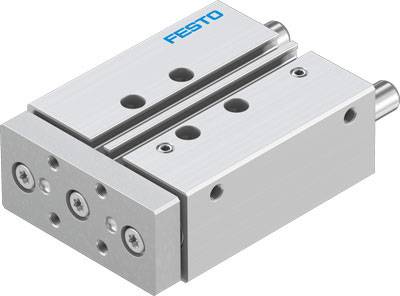 Unité de chariot pneumatique Festo en métal, avec deux rails parallèles et trous de vis, pour applications de mouvement linéaire.