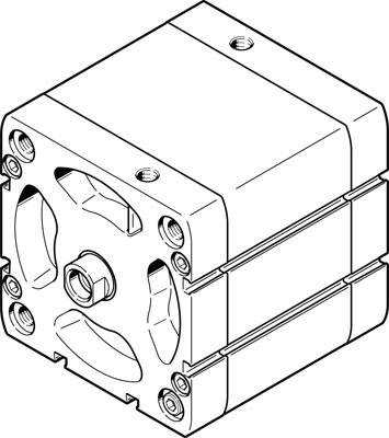 Cylindre pneumatique en représentation isométrique, montrant les raccordements et la structure de support.