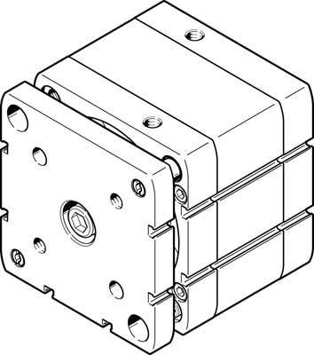 Dessin d'un composant industriel carré avec des boulons et des vis, probablement un actionneur ou un moteur pour des machines.