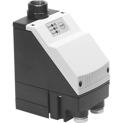 Un appareil électrique rectangulaire avec des connexions en haut et en bas, un panneau de commande blanc avec une touche 'Test' et des indicateurs sur la face avant.