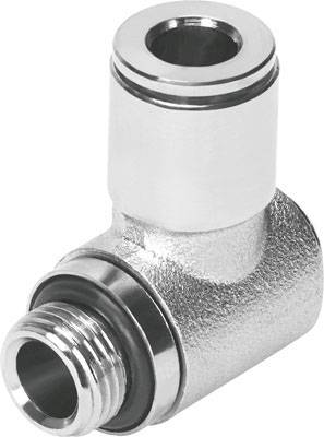 Raccord d'angle en métal fileté avec des bagues d'étanchéité, généralement utilisé pour les connexions de tuyauterie.
