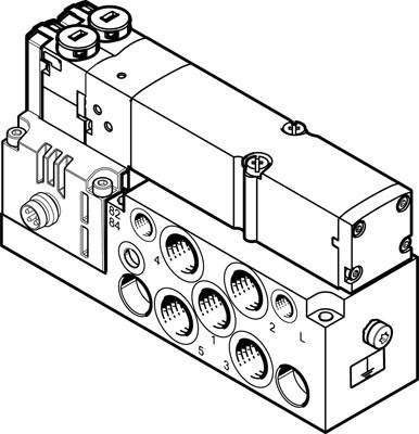 Dessin technique d'un bloc de vannes pneumatique avec plusieurs raccordements et marquages. Illustre la structure des vannes et les positions de raccordement.