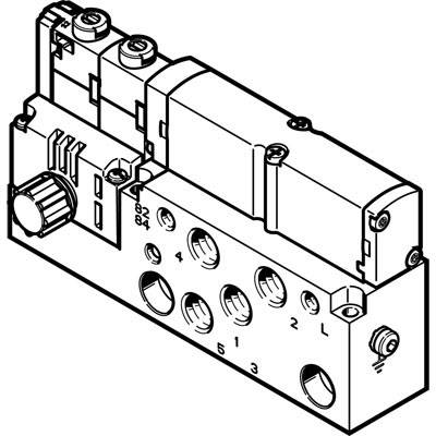 Dessin technique d'une vanne de commande hydraulique avec des raccords numérotés sur le côté et un volant de réglage à gauche.