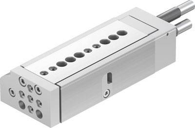 Cylindre linéaire gris avec plusieurs points de fixation et deux rails de guidage sur la partie supérieure, adapté pour des mouvements précis.