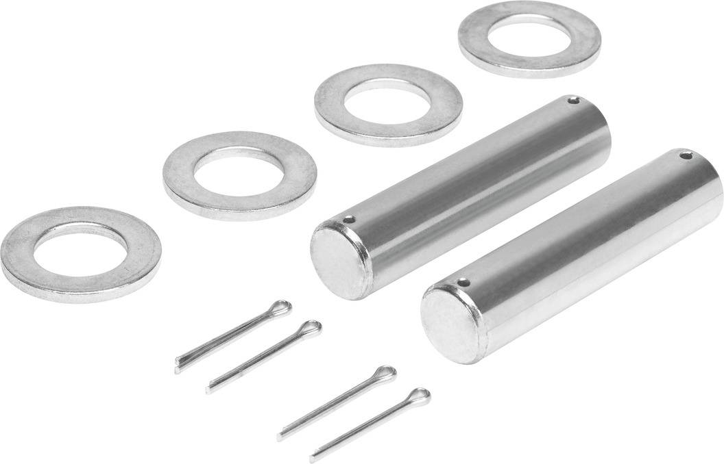 Deux axes cylindriques en métal, quatre rondelles plates et quatre goupilles sur un fond blanc.