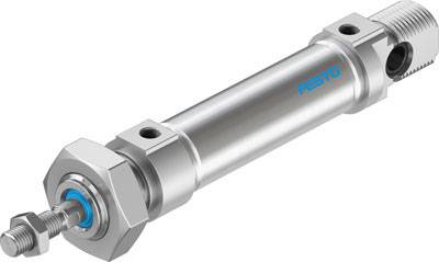 Vérin pneumatique de Festo avec un boîtier argenté et des marquages bleus, utilisé pour le contrôle du mouvement linéaire dans les machines.