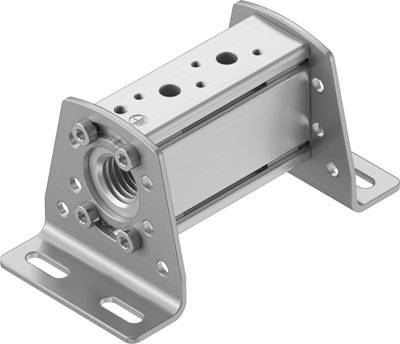 Amortisseur industriel avec support, forme cylindrique, plusieurs vis et trous de fixation, surface métallique grise.