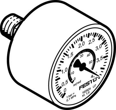 Sur un manomètre dont l'échelle va de 0 à 4 bars, la pression est indiquée. Fabricant 'Festo', numéro de modèle '162864 U7'.