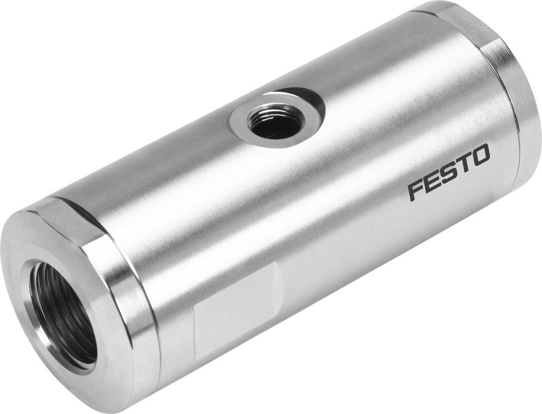 Pièce cylindrique en métal portant l'inscription 'Festo', avec des ouvertures en haut et sur les côtés. Utilisée dans les systèmes pneumatiques.