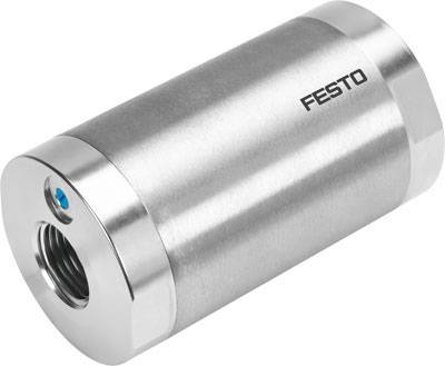 Cylindre métallique, étiqueté 'Festo', avec un élément de ventilation sur le côté, surface brillante, forme cylindrique.