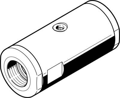Un dessin technique montre un manchon de connexion cylindrique métallique avec deux ouvertures filetées à ses extrémités.