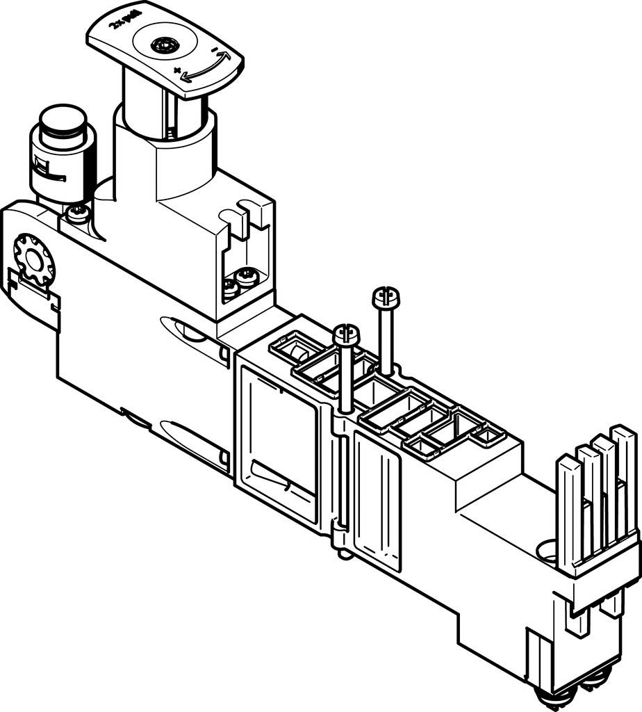 Diagramme en noir et blanc d'une unité de contrôle industrielle comprenant plusieurs composants, dont des vannes et des leviers de commande.