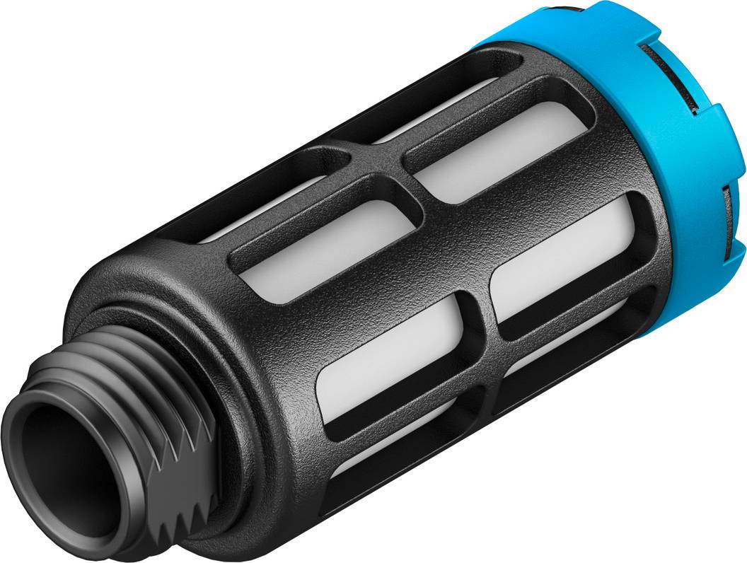 Filtre noir et bleu pour le traitement de l'eau avec filetage à l'extrémité.