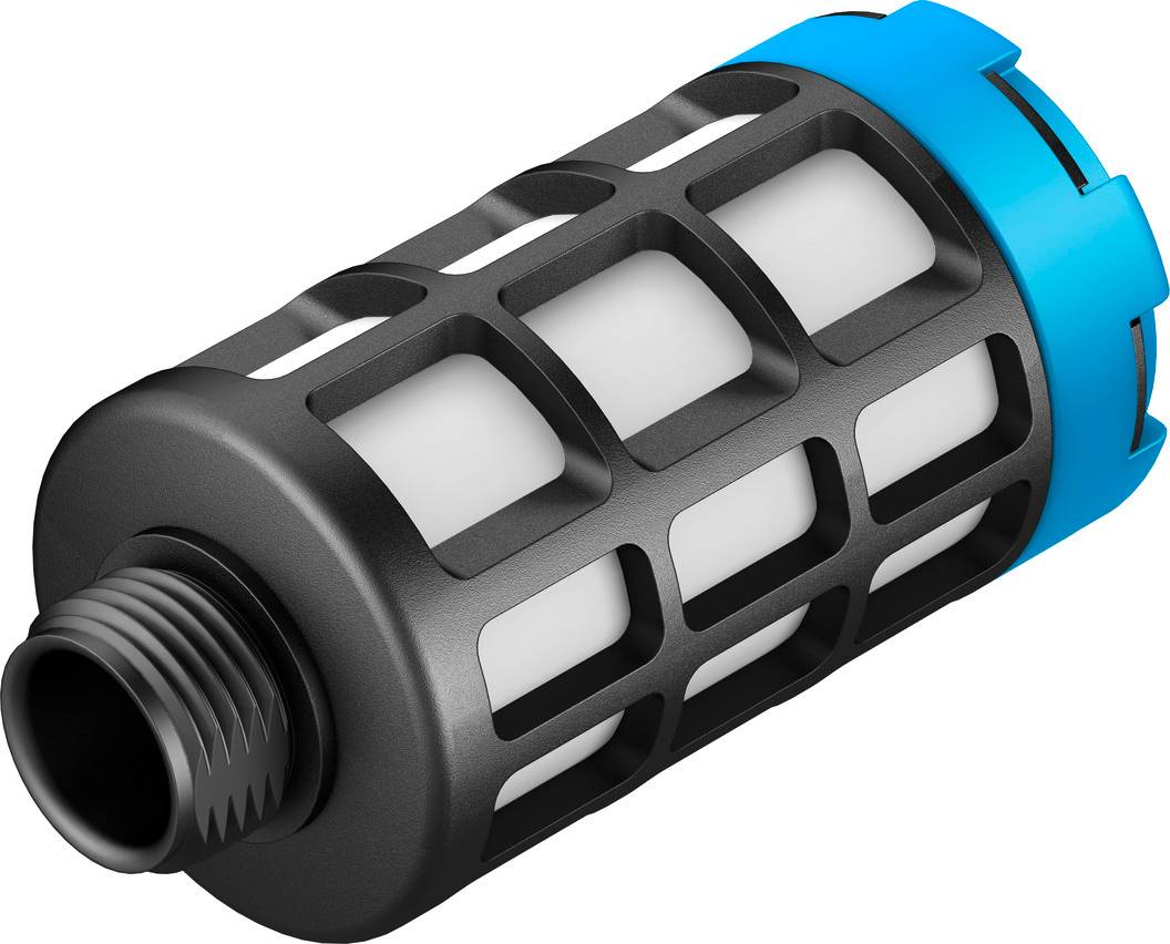 Un filtre à eau noir, cylindrique, avec une extrémité bleue et un filetage. Il présente un design quadrillé pour la filtration de l'eau.