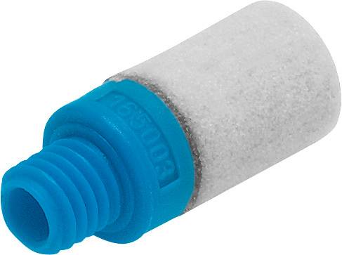Un amortisseur acoustique en plastique bleu avec une tête en mousse grise, avec un filetage à vis à l'extrémité inférieure pour la fixation sur des systèmes pneumatiques.