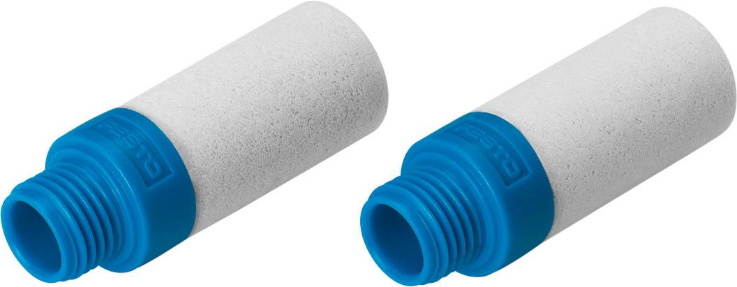 Deux filtres cylindriques avec des extrémités bleues. Ils sont composés d'un matériau blanc poreux et possèdent un filetage à vis à une extrémité.