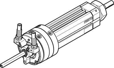 Illustration d'un vérin pneumatique avec des éléments de fixation montés, des détails techniques et des raccordements pour des applications industrielles.