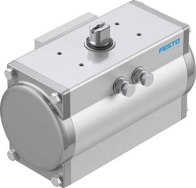 Actionneur pneumatique de Festo, argenté, cylindrique, avec raccords et vis apparents, pour applications industrielles.