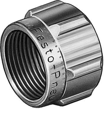 Un manchon à vis en argent, métallique, portant l'inscription 'Festo Pneumatic' sur le côté.
