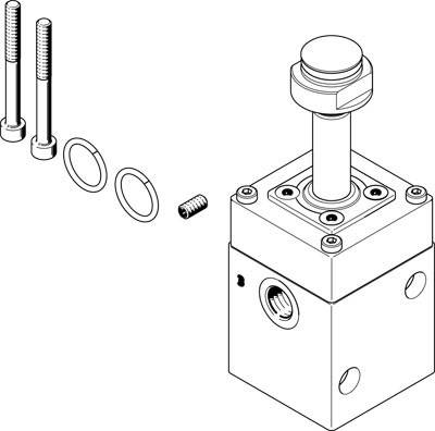 Vue éclatée d'un composant hydraulique avec vis, rondelles et cylindre. Présente les pièces individuelles et leur disposition.