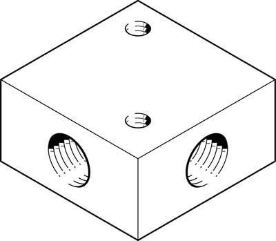 Diagramme d'un cube percé de trois trous : deux sur les côtés, un au-dessus. Présente les détails de construction pour un dessin technique.
