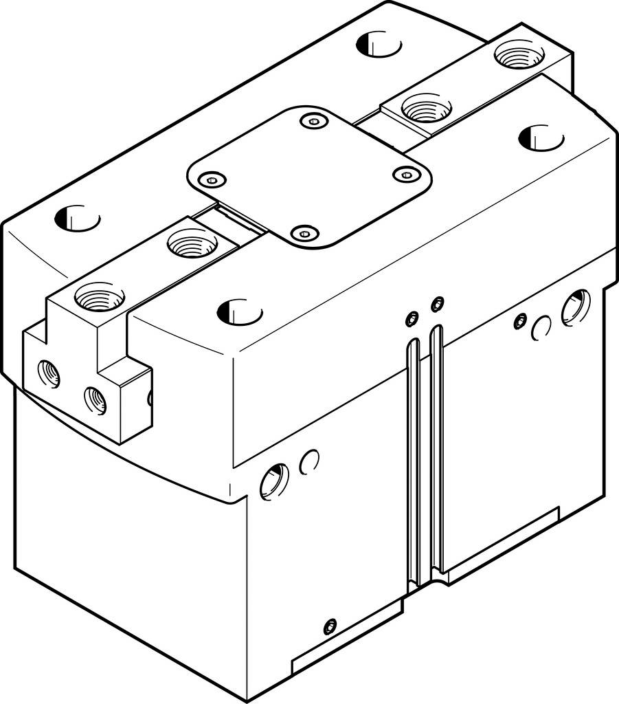 Dessin d'un composant mécanique avec plusieurs perçages et raccordements.