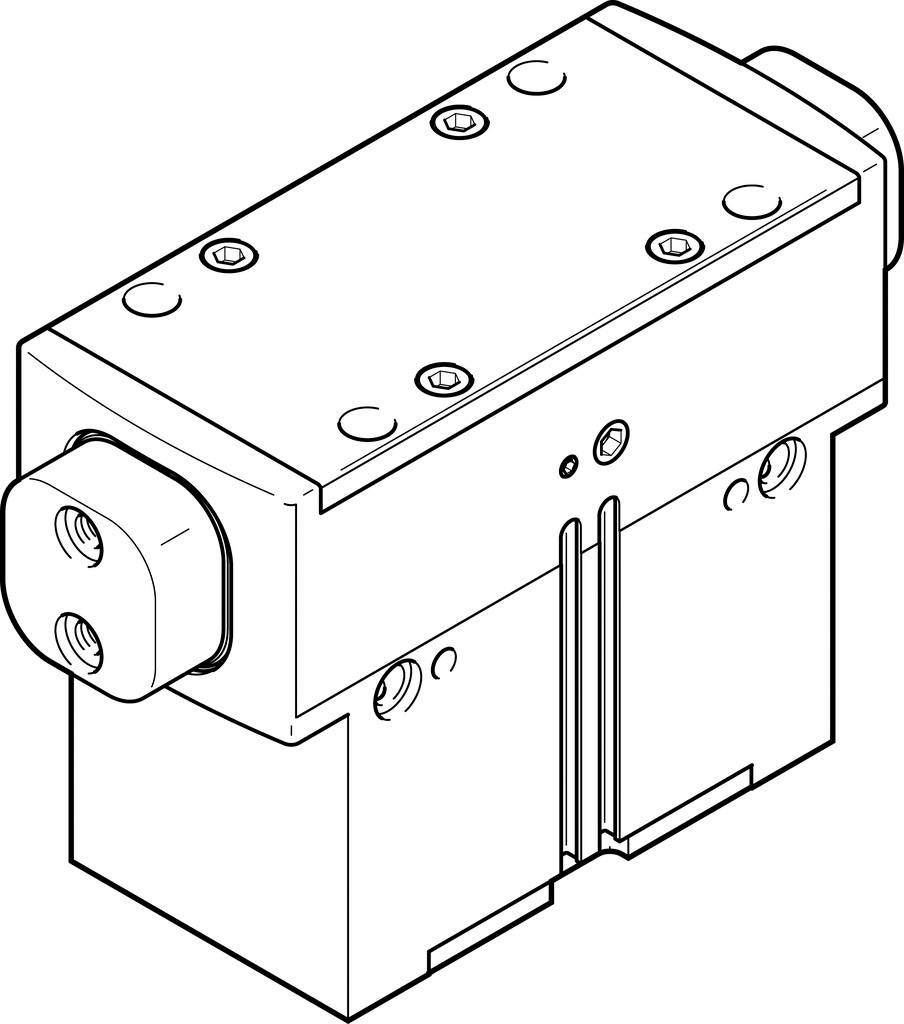 Dessin technique d'un composant mécanique rectangulaire avec des raccords cylindriques sur les deux côtés, représentation en perspective.