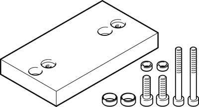 Dessin technique d'un composant rectangulaire avec quatre vis, écrous et rondelles, montrant la disposition et le positionnement.