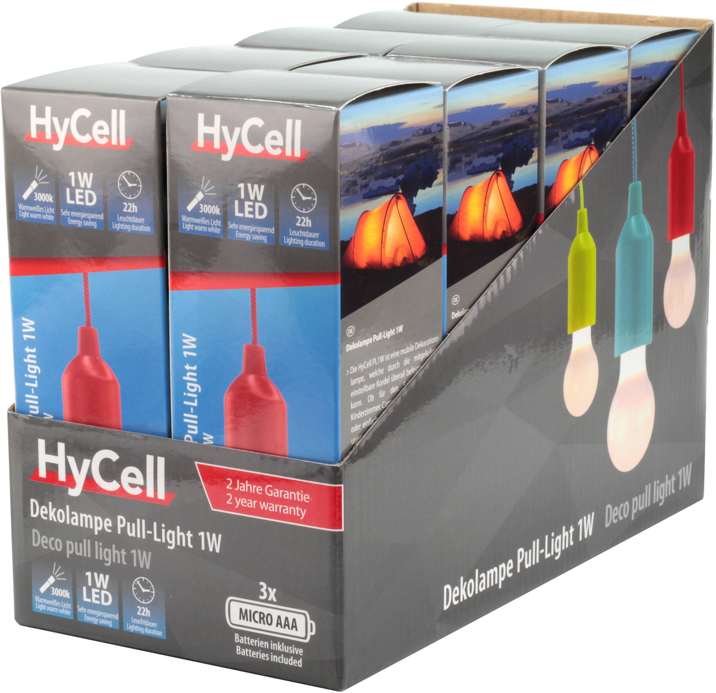 Emballage de six lampes décoratives HyCell, LED 1W, disponibles en différentes couleurs. Convient pour une utilisation intérieure et extérieure. Garantie de 2 ans.