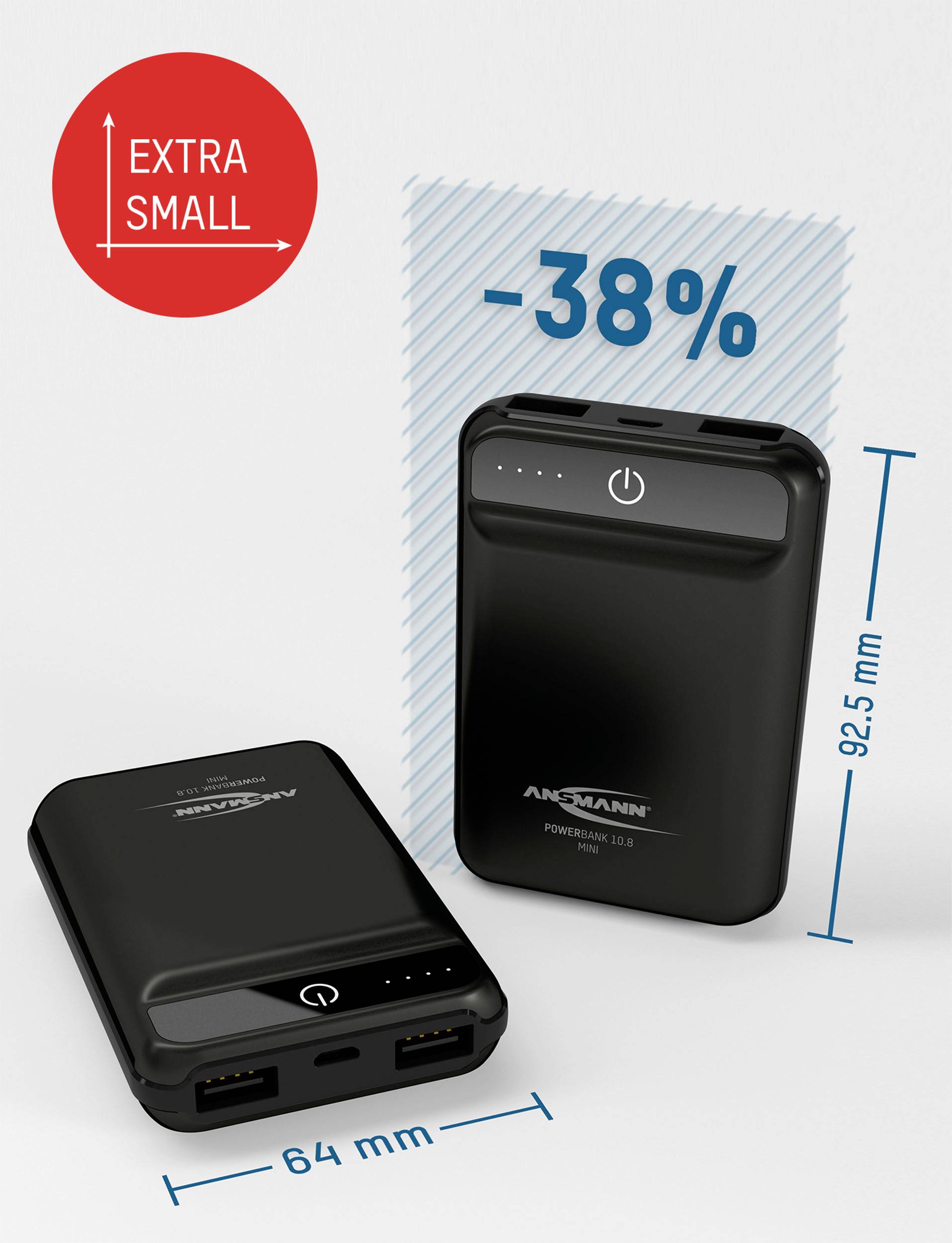 Ansmann PB10.8 mini Powerbank (batterie supplémentaire) 10000 mAh Smart IC LiPo Micro USB, USB noir affichage du statut