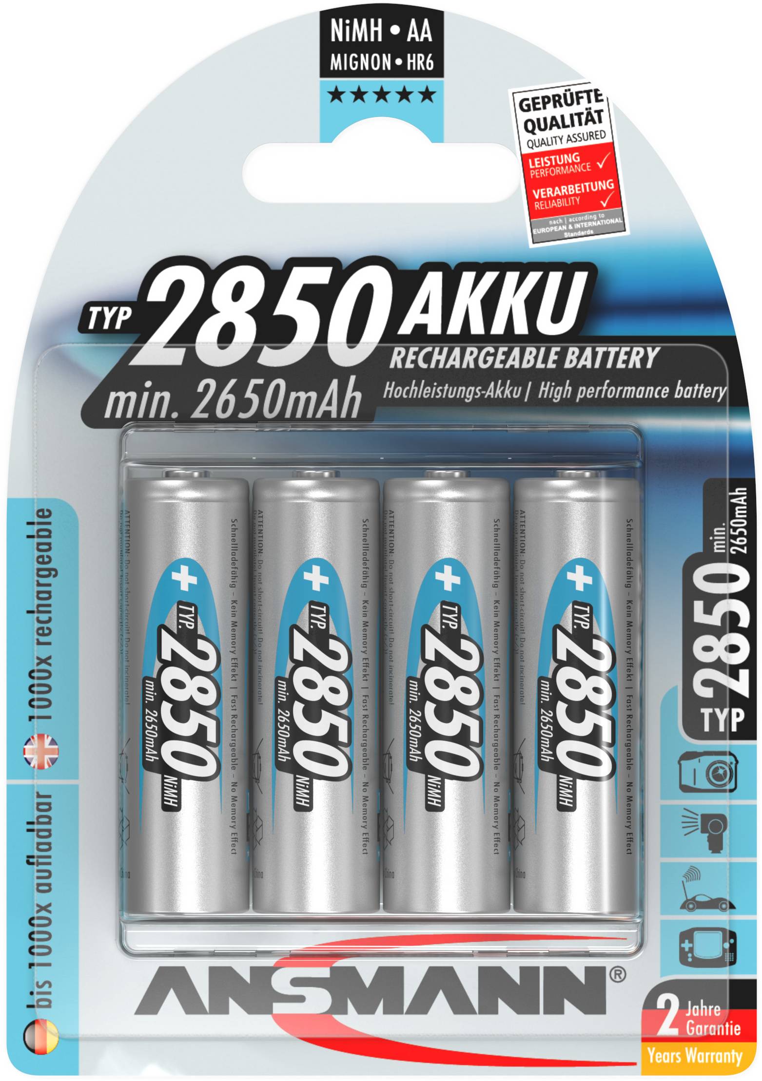 Ansmann 2850 Akku, batteries NiMH AA, lot de 4, rechargeables, capacité : min. 2650mAh, rechargeables 1000 fois, garantie de 2 ans.