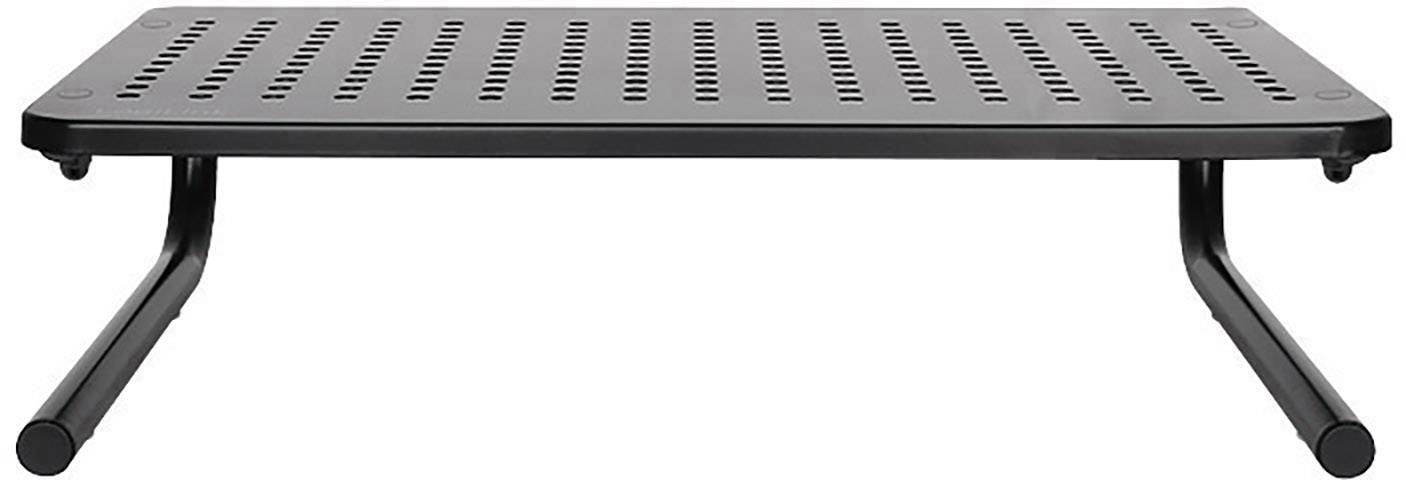 Support de moniteur noir en métal avec surface perforée et deux pieds incurvés pour une stabilité accrue.