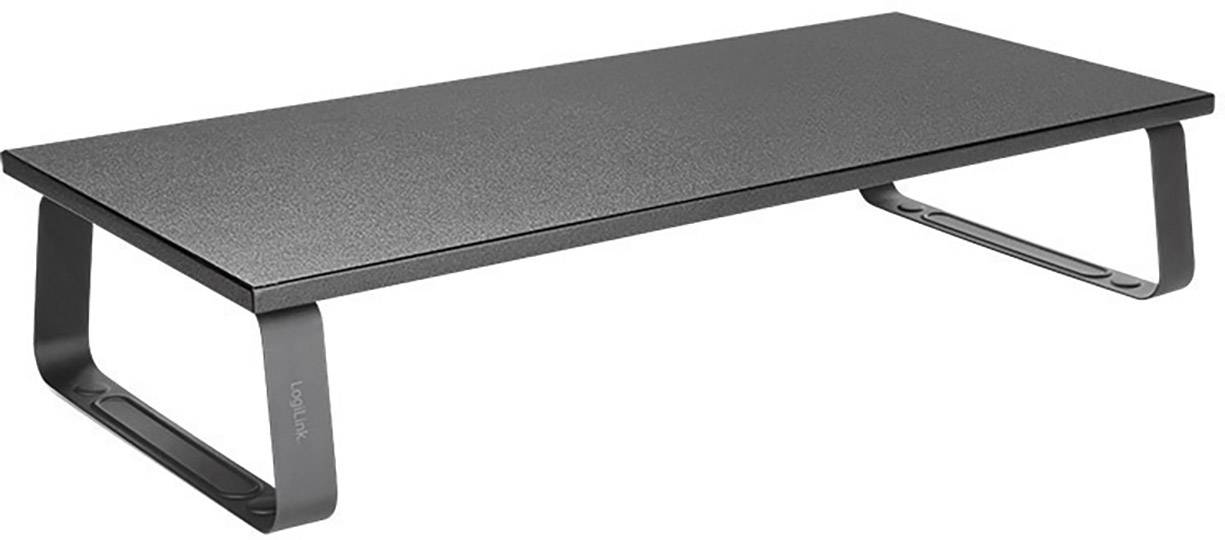 Un support de moniteur plat et noir avec des pieds en métal pour surélever un écran sur un bureau.