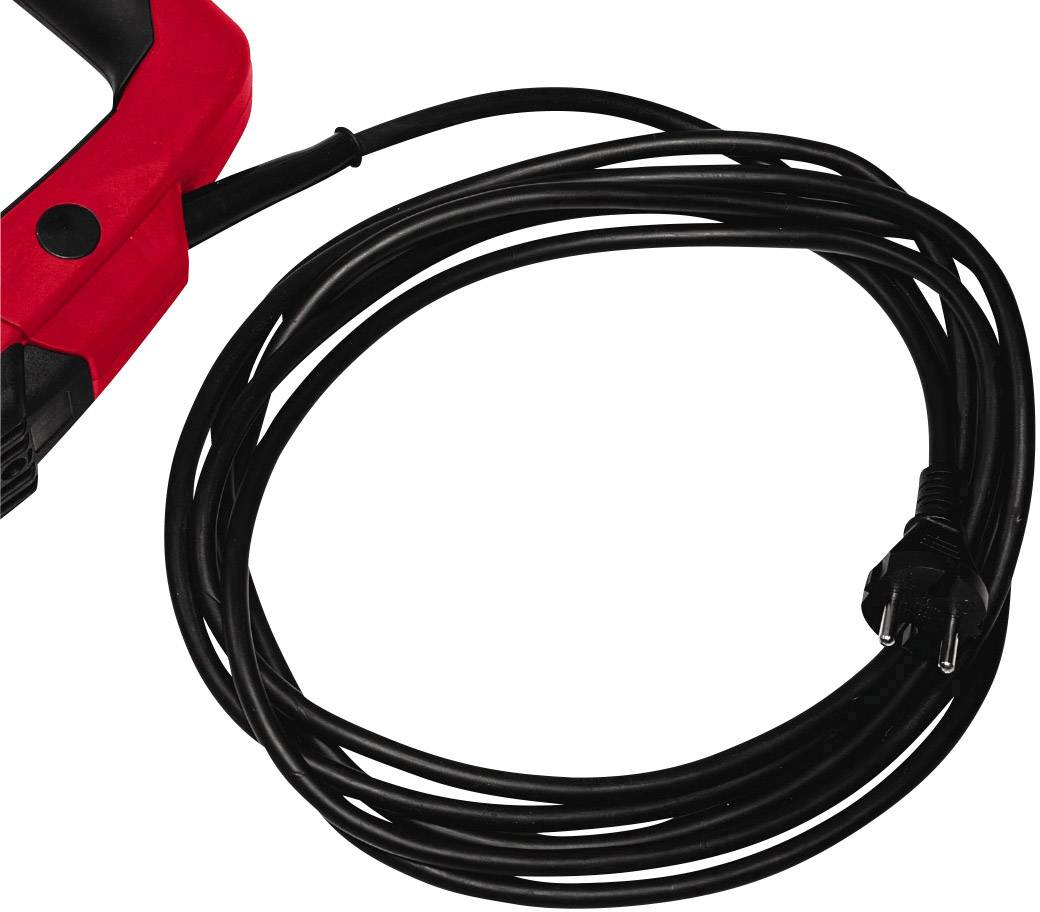 Appareil portable rouge avec un long câble noir et une fiche. Probablement un outil électrique ou un appareil électroménager.