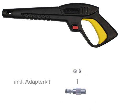 Un pistolet à peinture noir avec une poignée jaune et un bouton rouge, à côté duquel on peut voir 'incl. kit adaptateur' avec un adaptateur illustré.