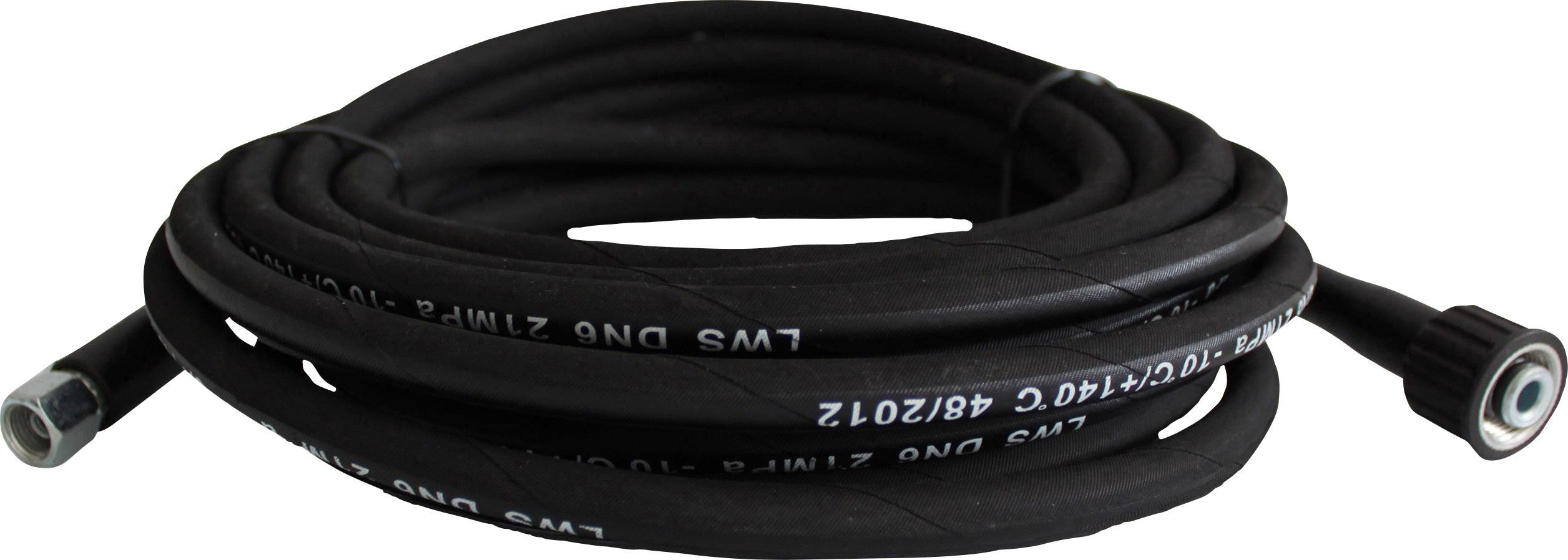 Un tuyau en caoutchouc noir enroulé, muni de raccords métalliques aux deux extrémités, adapté pour une utilisation dans les nettoyeurs haute pression.