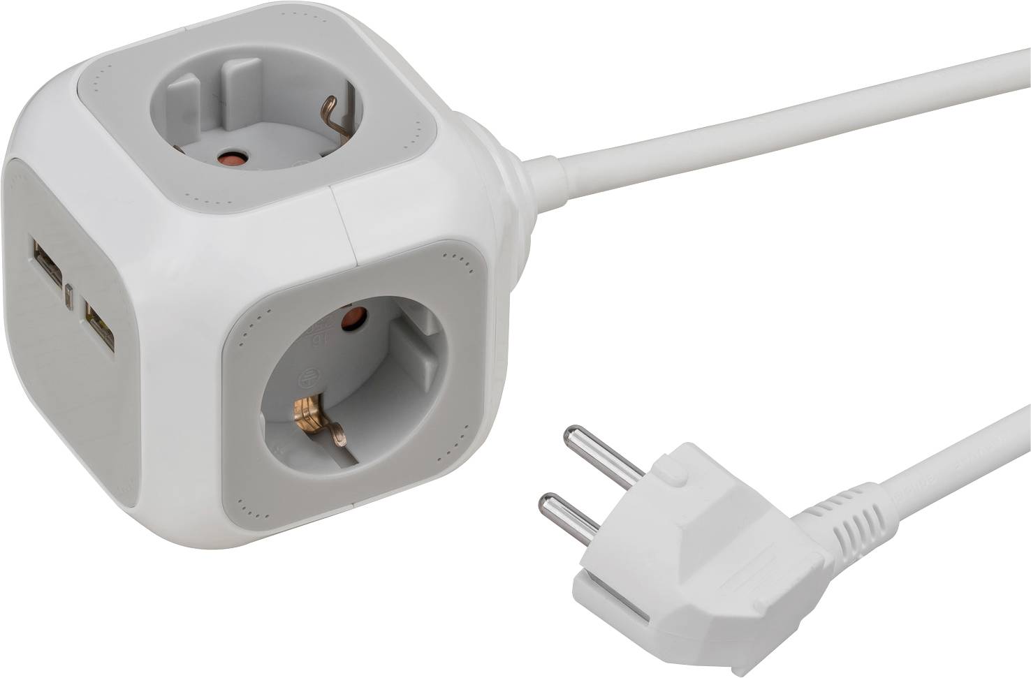 Multiprise blanche en forme de cube avec deux prises de courant, deux ports USB et une fiche à deux broches avec cordon attaché