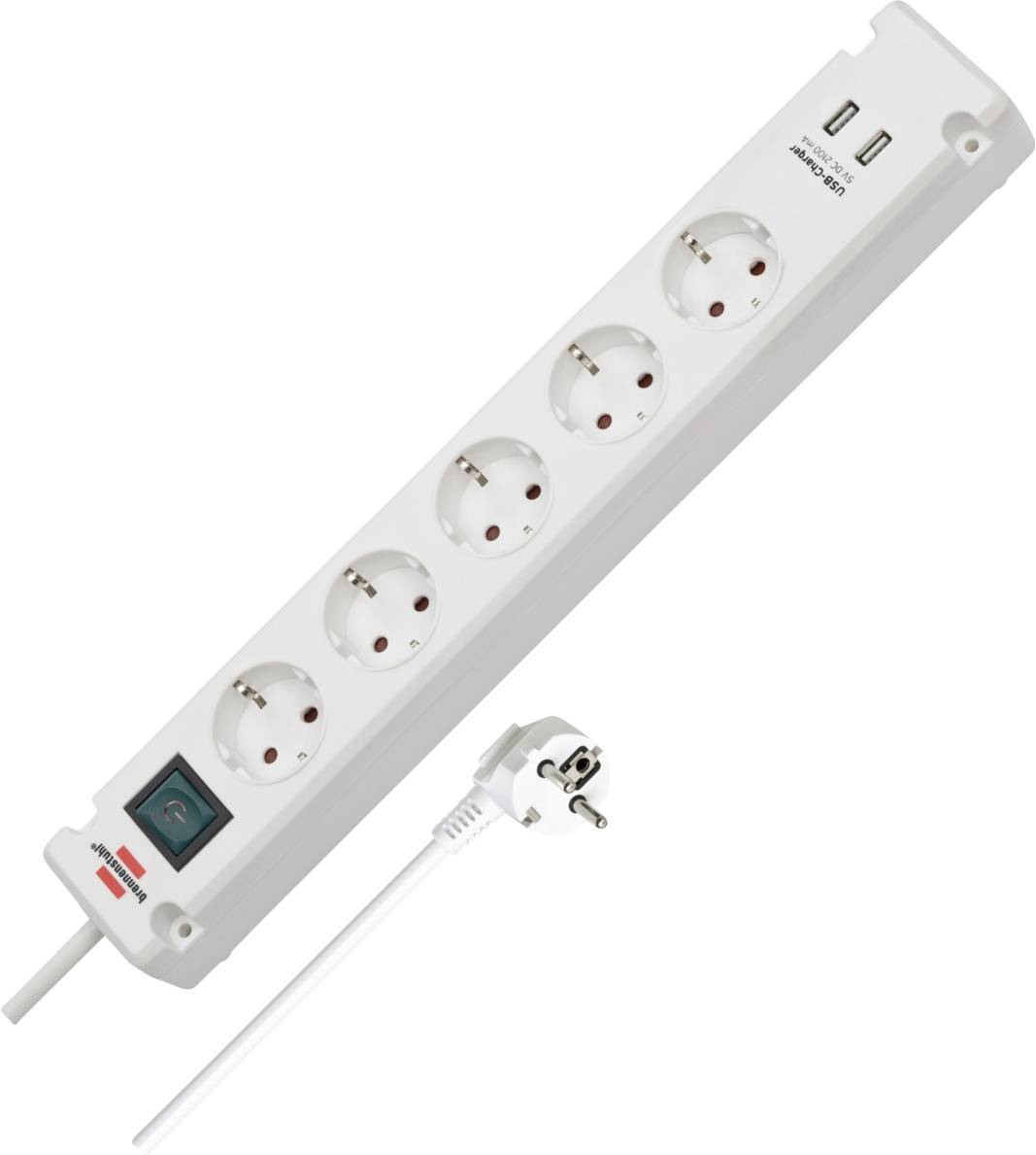 Bloc d'alimentation blanc avec six prises rondes, deux ports USB, un interrupteur et une fiche européenne sur fond blanc.