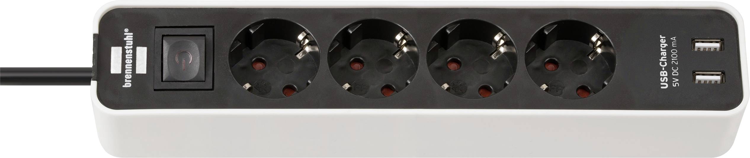 Bloc d'alimentation parafoudre avec quatre prises, interrupteur d'alimentation illuminé et deux ports de charge USB.