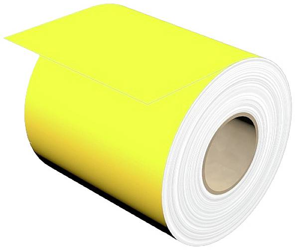 Rouleau en matériau jaune avec une bordure blanche, sur un fond neutre.