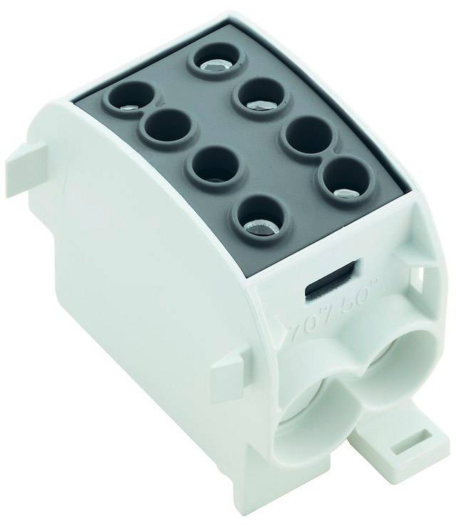 Un bloc de connexion électrique blanc avec six trous sur le dessus pour connecter des fils.