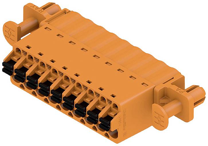 Un connecteur électrique orange à plusieurs broches, utilisé dans des dispositifs techniques et électroniques.