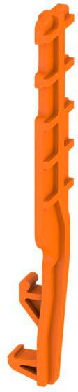 Un élément en plastique orange, vertical, présentant plusieurs encoches et des extrémités courbées, probablement destiné à des applications techniques ou industrielles.